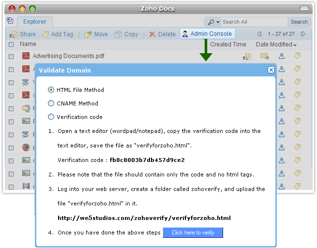 Admin Console - Domain Verification