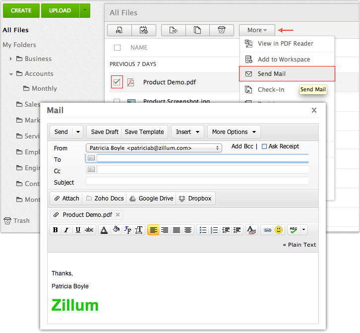 Compose mail and Attach files from Zoho Mail