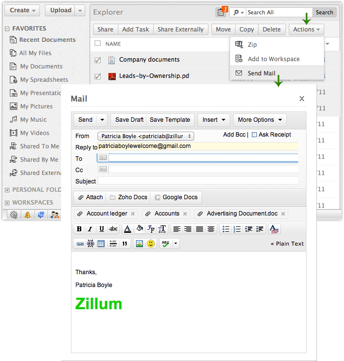 Send Mail as Attachment from Zoho Docs